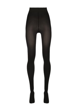 Svarta opaques leggings med hög midja, slät yta och sömlös design. Inga synliga mönster eller detaljer. Utformade för komfort.