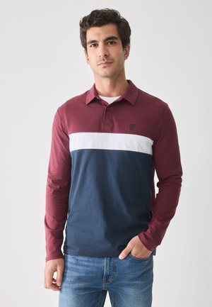 Long-sleeve polo shirt featuring maroon, white, and navy horizontal stripes, a collar, and a small logo on the chest. Soft cotton material.