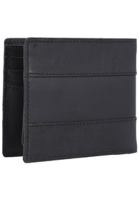 Portefeuille en cuir noir avec plusieurs fentes pour cartes, design minimaliste, texture lisse et couture visible le long des bords.