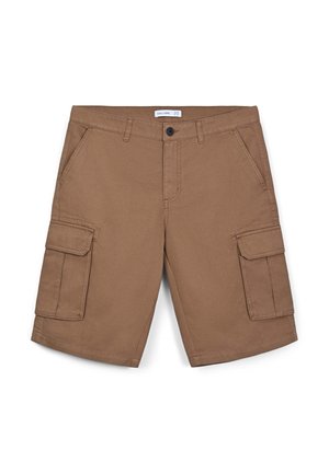 Braune Cargo-Shorts aus strapazierfähigem Stoff, mit mehreren Taschen, einem Knopfverschluss und genähten Details am Bund und Saum.