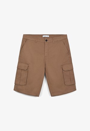 Pantaloni cargo marroni realizzati in tessuto resistente, dotati di molteplici tasche, chiusura con bottone e dettagli cuciti sulla vita e sull'orlo.