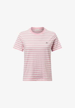 Striped T-shirt in light pink and white cotton, featuring a round neckline and short sleeves, with a small embroidered logo on the chest.