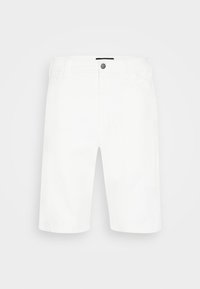 Shorts en coton blancs au design classique, avec un bouton sur le devant, des passants de ceinture et des poches latérales. Texture lisse, coupe arrivant au genou.