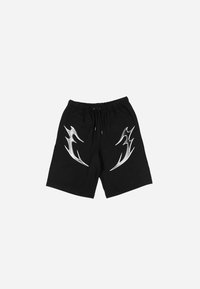 Black shorts made of cotton, featuring a drawstring waistband and silver flame-like graphic accents on each side.