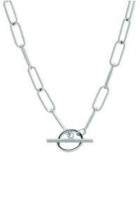 Sølv kædedyse med forlængede led, et rundt toggle-låsesystem og en glat, poleret finish.