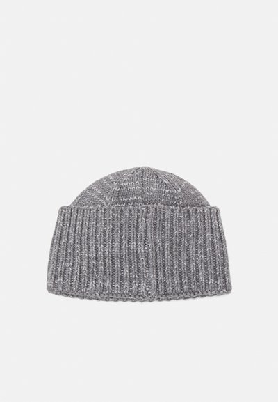 Gray knitted beanie with a ribbed texture, rounded top, and subtle color variation. Suitable for cold weather.