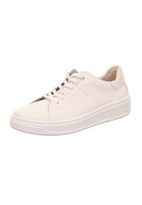 Weiße Ledersneaker mit glatter Textur, Schnürdesign und leichtem Plateausohle; verfügt über einen grauen Akzent auf der Zunge.