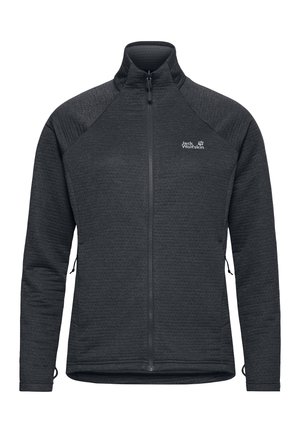 Fleece vest in donkergrijs met een hoge kraag, een volledige rits aan de voorkant, gestructureerde stof en zijzakken voor opbergruimte. Voorzien van een logo op de borst.