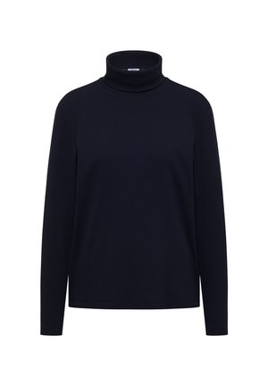 Granatowy sweter z golfem, z długimi rękawami, wykonany z prążkowanej tkaniny. Posiada wysoki kołnierz i luźny krój. Bez wzorów ani dodatków.