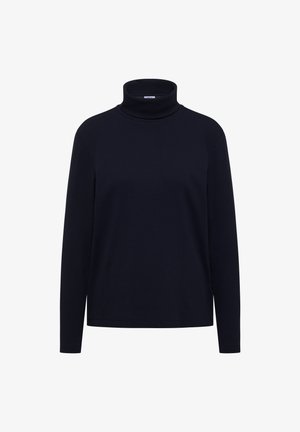 Granatowy sweter z golfem, z długimi rękawami, wykonany z prążkowanej tkaniny. Posiada wysoki kołnierz i luźny krój. Bez wzorów ani dodatków.