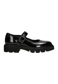 Scarpe Mary Jane in pelle patent nera con suola in gomma spessa e cinturino con fibbia rettangolare in argento. Design con punta rotonda.