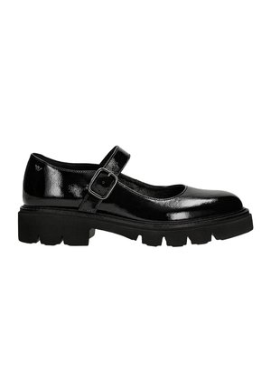 Black patent leather Mary Jane shoes with a thick rubber sole and a strap featuring a rectangular silver buckle. Rounded toe design.