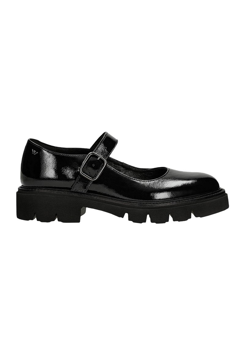 Scarpe Mary Jane in pelle patent nera con suola in gomma spessa e cinturino con fibbia rettangolare in argento. Design con punta rotonda.
