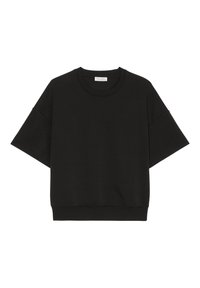 Černá mikina s krátkými rukávy, kulatým výstřihem, měkká tkanina, volný střih, žebrovaný lem, minimalistický design, bez viditelných vzorů nebo akcentů.