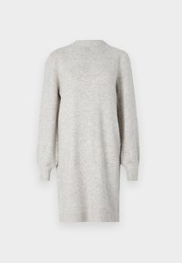 Robe tricotée gris clair avec manches longues bouffantes et col rond. Texture douce avec un motif chiné subtil, poignets et ourlet côtelés.