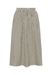 Black and white vertically striped knee-length skirt with an elastic waistband, displayed on a plain white background.
