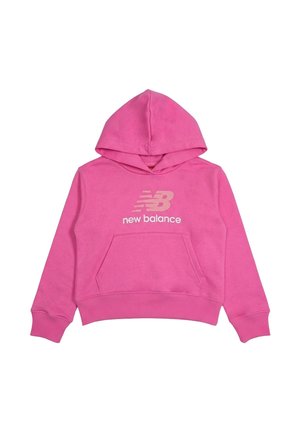 Felpa con cappuccio rosa di New Balance con tasca a marsupio frontale e logo al centro del petto, caratterizzata da polsini e orlo a costine.