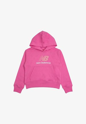 Felpa con cappuccio rosa di New Balance con tasca a marsupio frontale e logo al centro del petto, caratterizzata da polsini e orlo a costine.