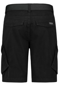 Schwarze Cargo-Shorts aus strapazierfähigem Material mit einem strukturierten Taillenbund, zwei Seitentaschen und zwei Gesäßtaschen.