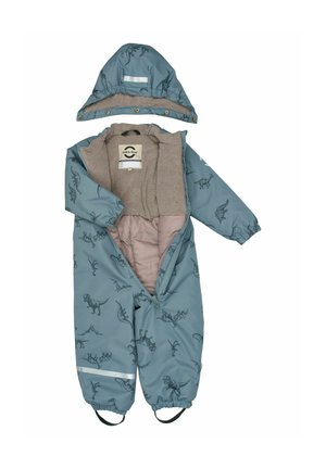 Combinaison de neige bleue pour tout-petit avec capuche amovible, imprimé dinosaure, doublure en polaire, fermeture éclair à l'avant, poignets élastiques et brides aux pieds.