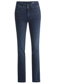 Jeans rectos de color azul oscuro fabricados en denim. Con un ajuste alto, dos bolsillos frontales y dos bolsillos traseros con detalles de costura simple.