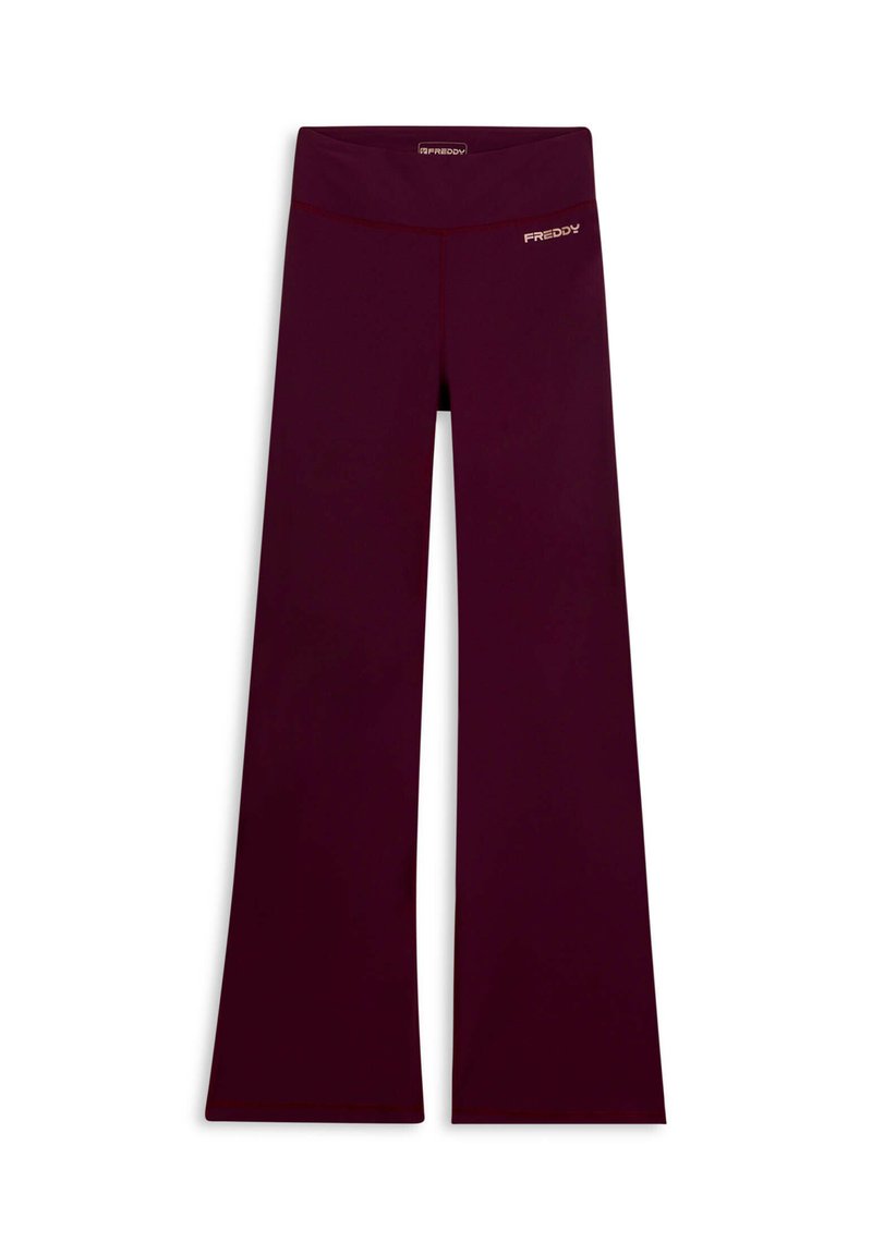 Pantaloni a gamba larga bordeaux con una texture liscia, dotati di una vita alta e un piccolo logo sulla parte superiore, realizzati in un tessuto traspirante.
