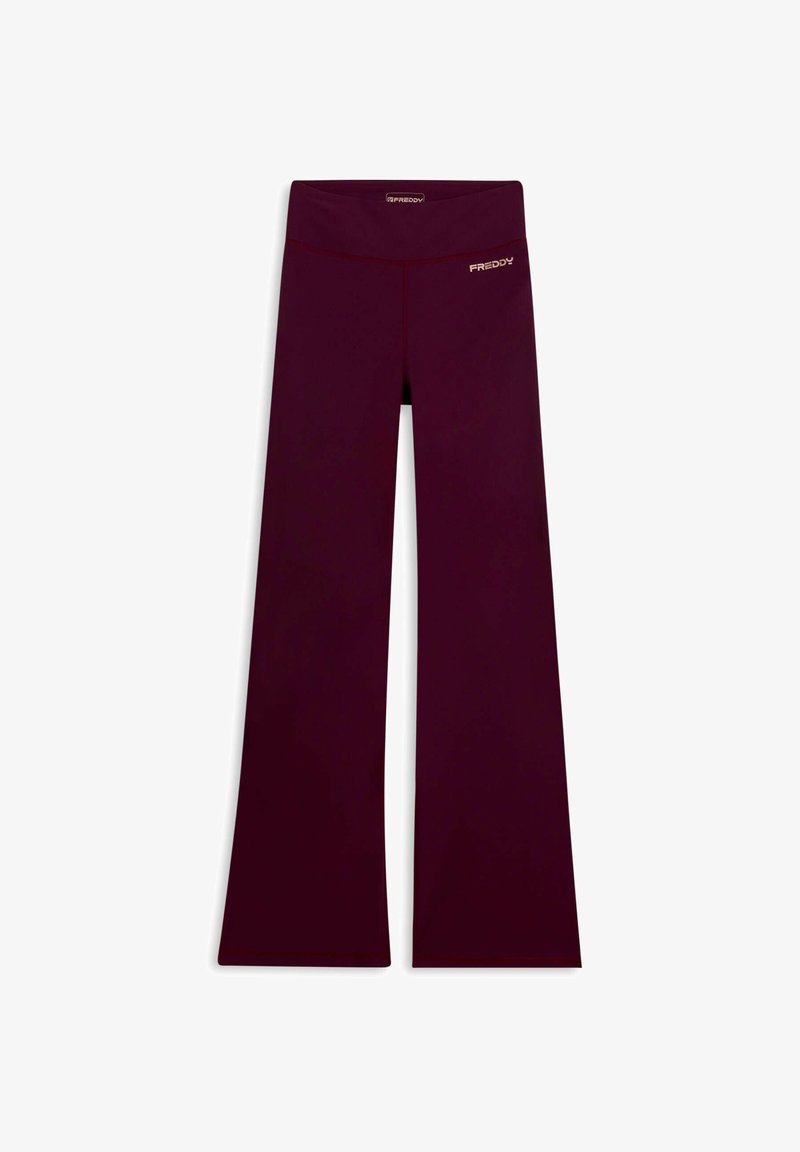 Pantaloni a gamba larga bordeaux con una texture liscia, dotati di una vita alta e un piccolo logo sulla parte superiore, realizzati in un tessuto traspirante.
