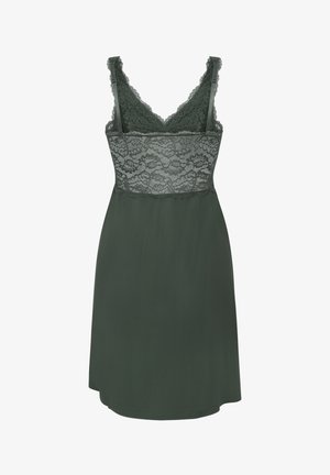 Green nightdress with lace bodice, adjustable straps, and straight silhouette. Smooth fabric with lace accents along the bust and hem.