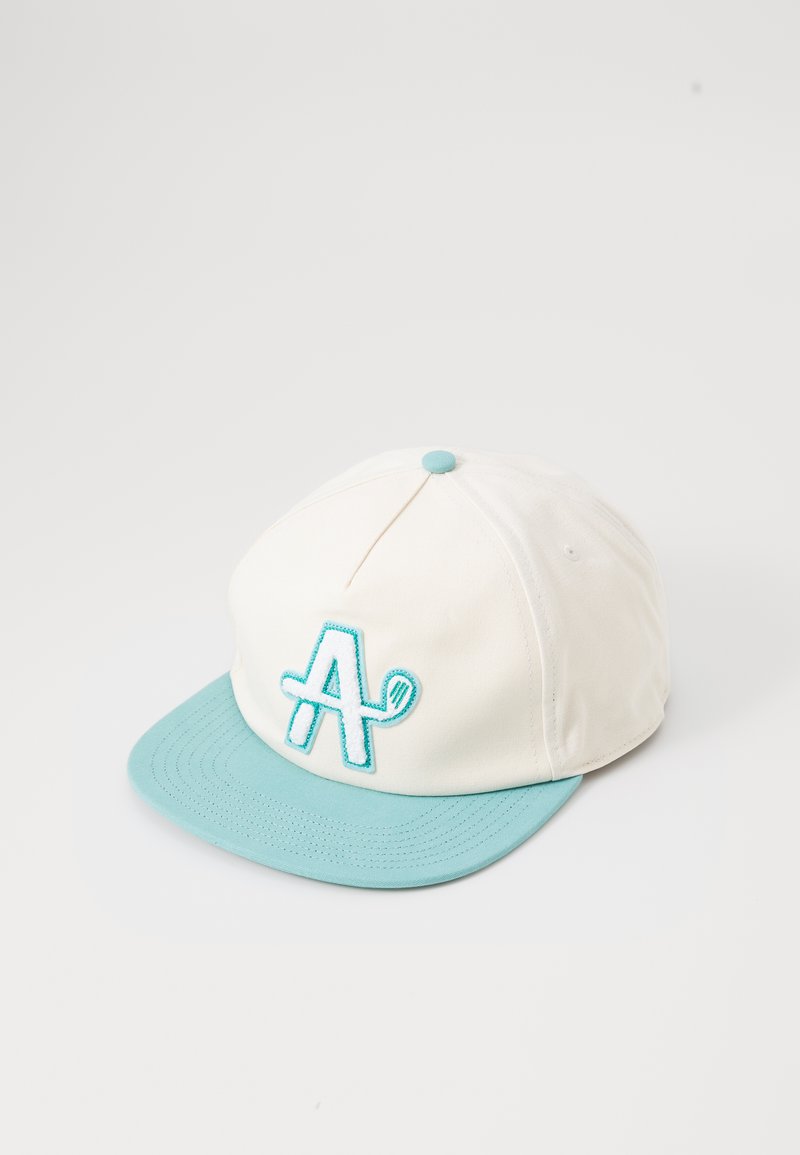 Baseball cap with a white fabric crown, turquoise brim, and embroidered "A" logo in turquoise. Features a matching top button.