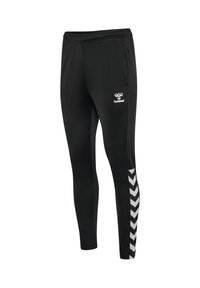 Sorte atletiske bukser med en tætsiddende pasform, prydet med et hvidt logo og et zigzag-mønster i sort og hvidt langs siderne.