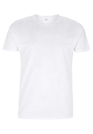 White cotton t-shirt with short sleeves and a crew neck. Features a smooth texture and standard fit. No visible patterns or accents.