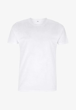 White cotton t-shirt with short sleeves and a crew neck. Features a smooth texture and standard fit. No visible patterns or accents.