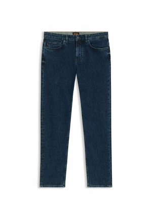 Dark blue denim jeans with a straight leg design, featuring five pockets, a button and zipper closure, and subtle fading details.