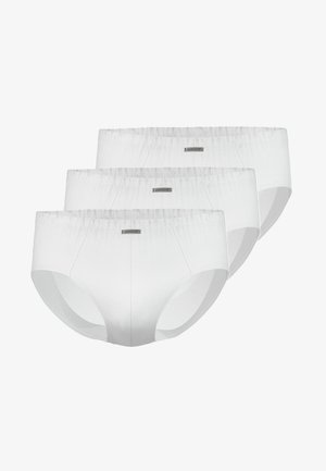 Drei Paar weiße Damenunterwäsche aus weicher Baumwolle, mit einem elastischen Bund und einem kleinen Logotag auf der Vorderseite.