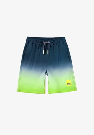 Zwemshorts met een gradientontwerp van marineblauw naar felgroen, gemaakt van lichtgewicht stof met een elastische tailleband en een trekkoord.