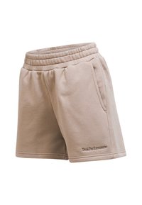 Beige Strickshorts mit elastischem Bund, seitlichen Taschen und gesticktem "PeakPerformance"-Logo auf der Vorderseite. Weicher Stoff und lässiges Design.