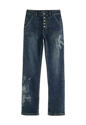 Hochtaillierte Jeans aus blauem Denim mit fünf Knöpfen, Vordertaschen und aufwendiger weißer Stickerei von Schmetterlingen und floralen Motiven.
