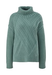 Błękitny sweter dzianinowy z wysokim kołnierzem i diagonalnymi prążkami. Posiada luźny krój oraz teksturowany materiał z wyraźnymi liniami.