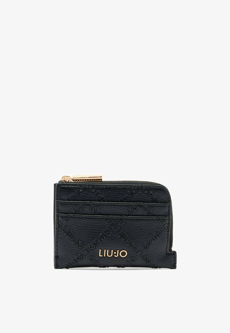 Portafoglio in pelle nera con motivo logo in rilievo, chiusura con zip e numerose fessure per carte, arricchito da dettagli in metallo dorato.