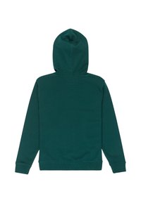 Zelená bavlněná mikina s kapucí na stažení, dlouhými rukávy, žebrovanými manžetami a spodním lemem. Má hladkou strukturu a minimalizované švy.