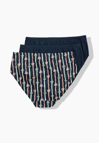 Drie paren katoenen damesonderbroeken; één met een marineblauwe achtergrond en verticale lichtroze en groene strepen met strikjes, twee in effen marineblauw.