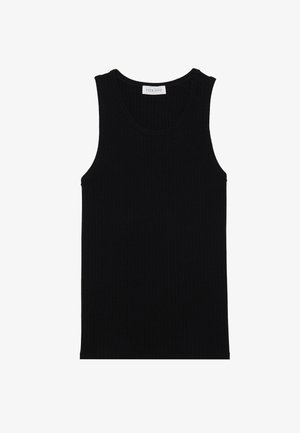 Zwarte geribde tanktop met mouwloos ontwerp, ronde halslijn en een gladde textuur. Etiket leest "PIER ONE" nabij de hals.