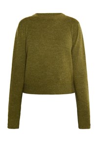 Maglione lavorato a maglia verde oliva, design cropped, collo rotondo, maniche lunghe, texture morbida, dettagli minimi, nessun logo visibile o decorazioni.