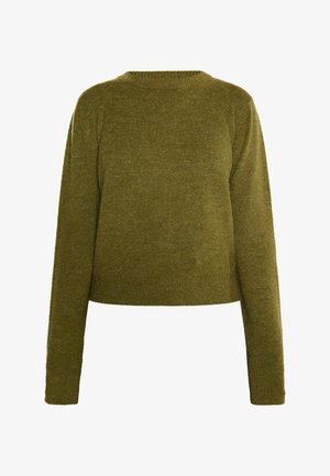 Olivgrüner gestrickter Pullover, cropped Design, runder Hals, lange Ärmel, weiche Textur, minimale Details, kein sichtbares Logo oder Verzierungen.