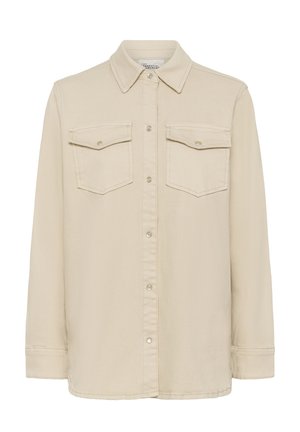 Beež pika varrukaga nööpidega pluus terava kraega ja kahe ees oleva klapiga taskuga, mis sulguvad kinnitusnuppudega.