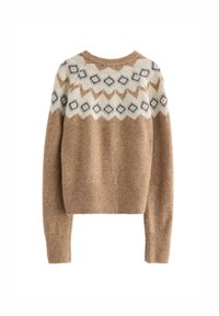 Strikket sweater i lysebrun med et creme- og mørkeblåt geometrisk mønster tværs over brystet, med rund halsudskæring og ribbede manchetter.