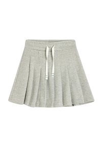 Falda gris con pliegues, hecha de una tela suave, que presenta una cinturilla elástica ancha y cuerdas blancas con costuras de acento verde.