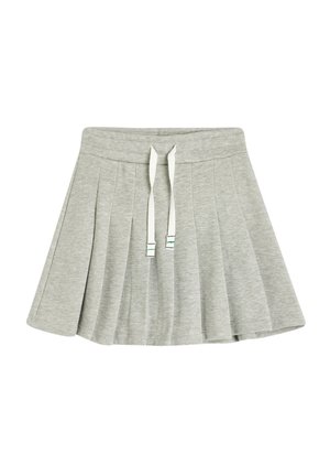 Grijze plissérok van zacht stof, met een brede elastische tailleband en witte trekkoorden met groene accentstiksels.