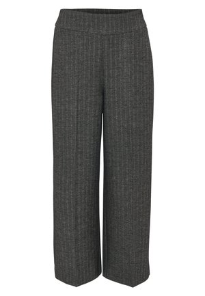 Brede pijpen broek in een zwart-wit visgraatpatroon, gemaakt van geweven stof met een gladde afwerking en een hoge, elastische tailleband.