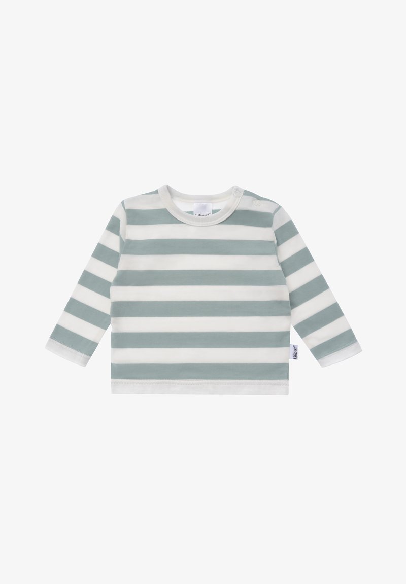 Gestreifte Langarmbluse aus weicher Baumwolle, mit abwechselnden hellgrünen und weißen horizontalen Streifen, runder Ausschnitt und Druckknopfdetails.